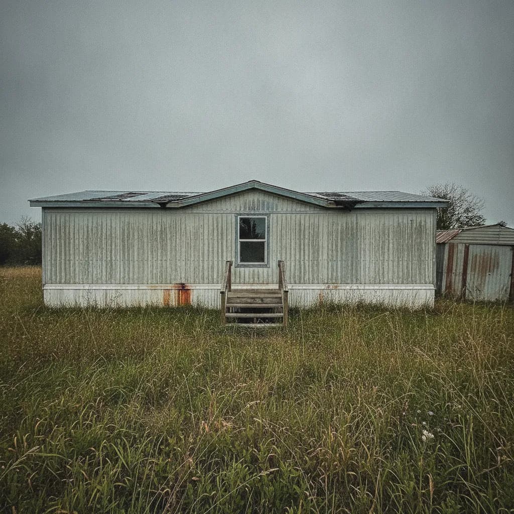 An older single-wide manufactured home with weathered siding