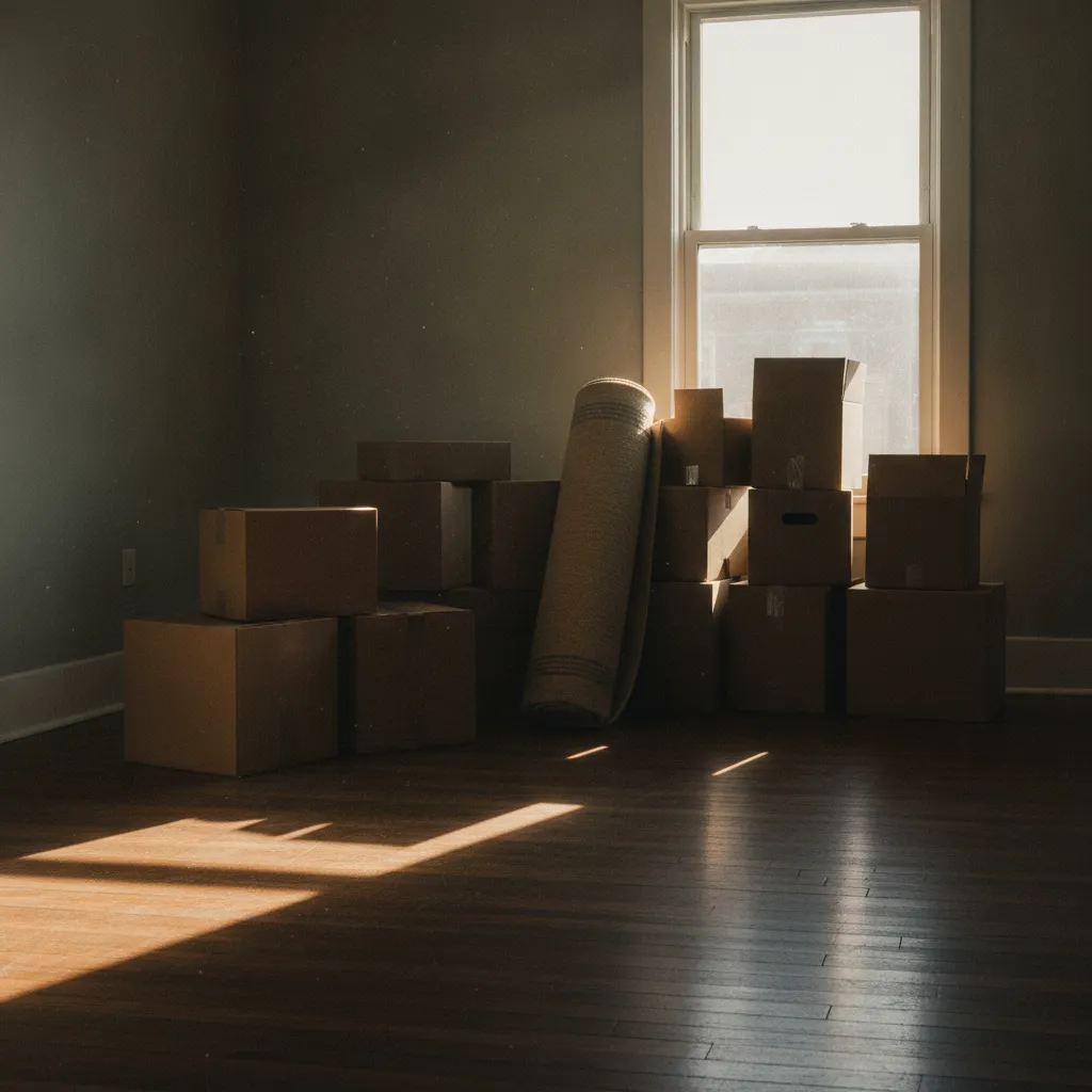 Moving boxes stacked in a mostly empty living room