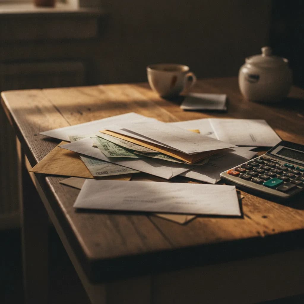 A stack of household bills and a calculator on a kitchen table
