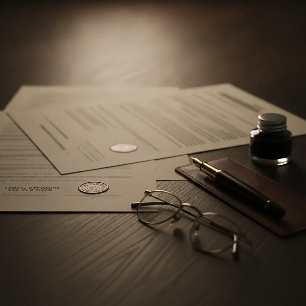 Title and transfer paperwork on a desk beside a pen