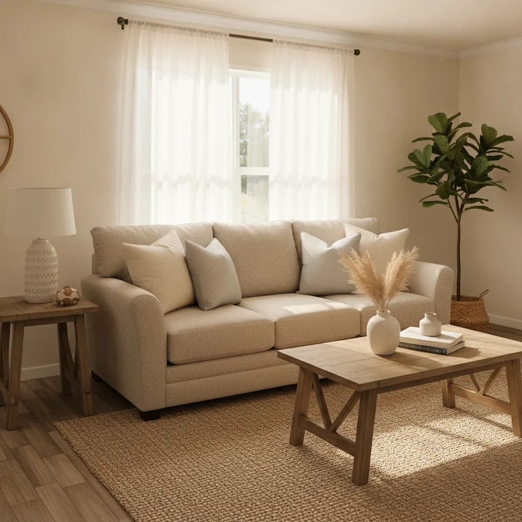 A sunlit, comfortable manufactured home living room
