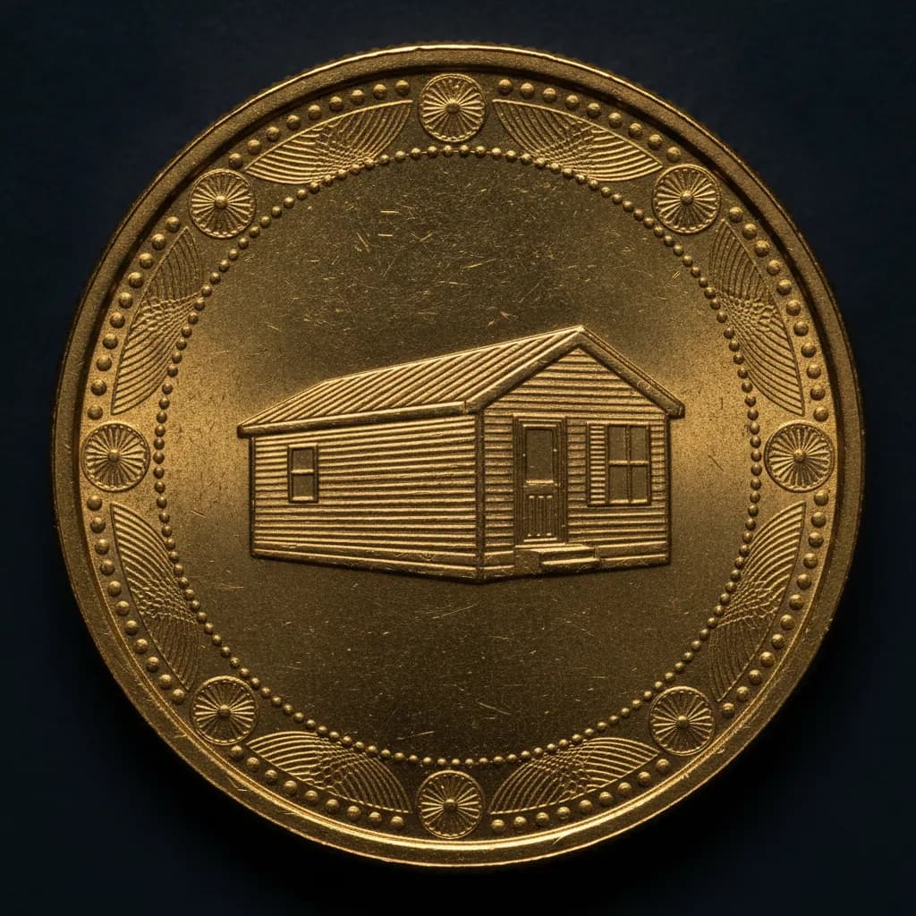 An engraved gold medallion showing a manufactured home in relief