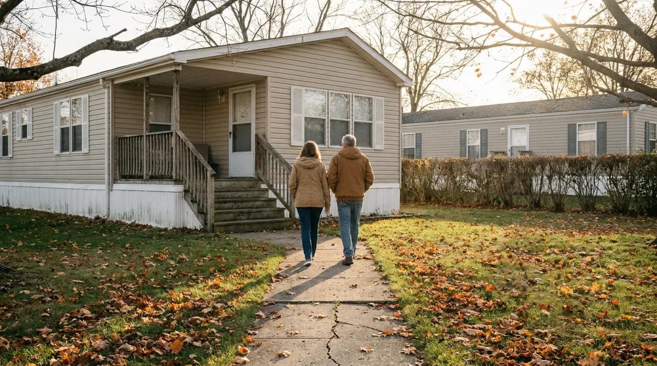Couple walking up to a manufactured home in a New Jersey community