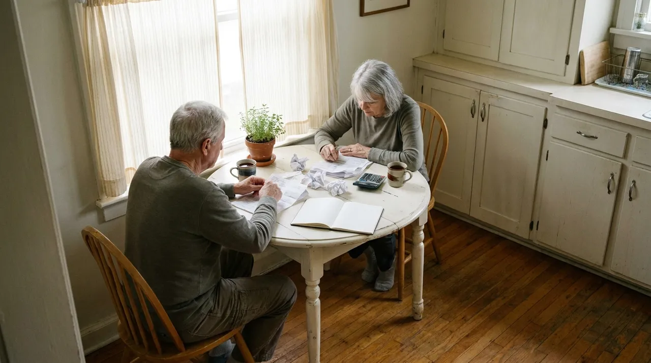 Older couple reviewing paperwork at a kitchen table