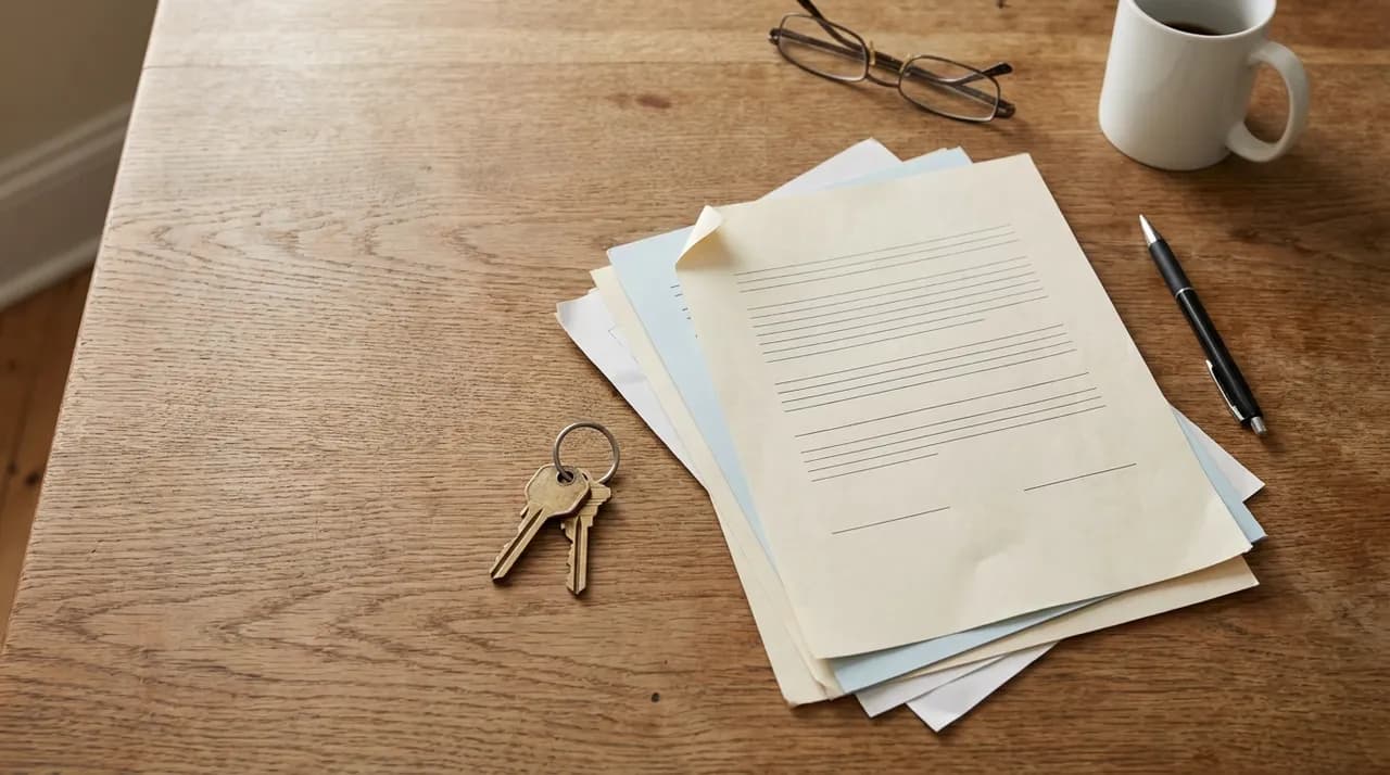 Paperwork and a set of keys on a kitchen table
