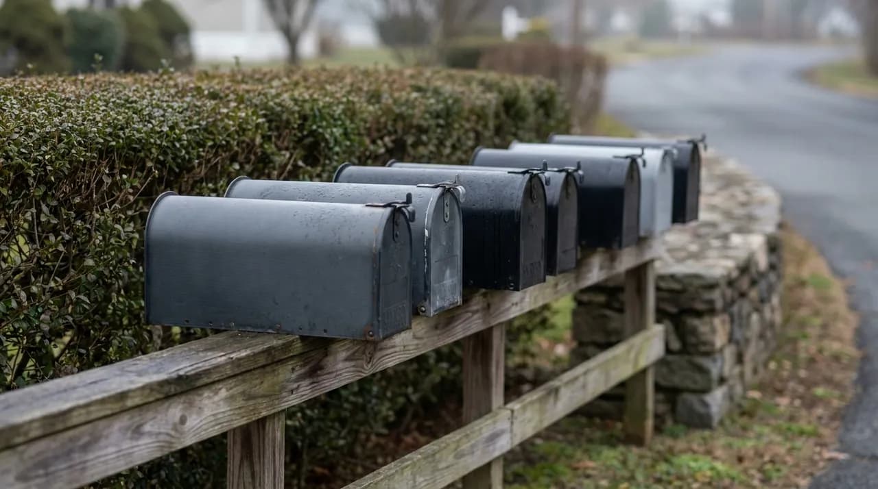 Mailboxes at the entrance of a New Jersey manufactured housing community