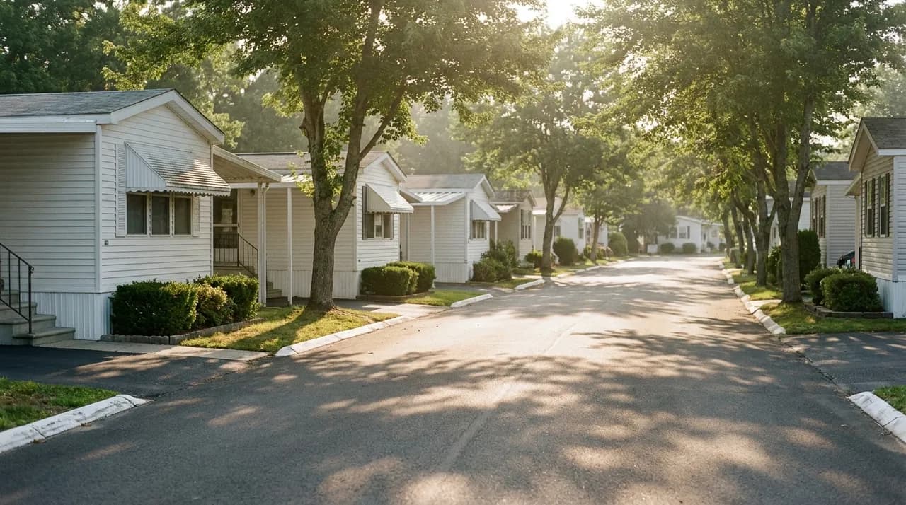 Manufactured homes along a quiet street in an Ocean County community