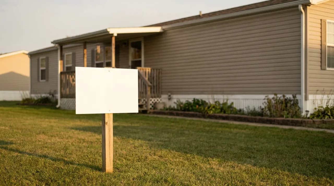 For sale sign outside a manufactured home in a New Jersey community