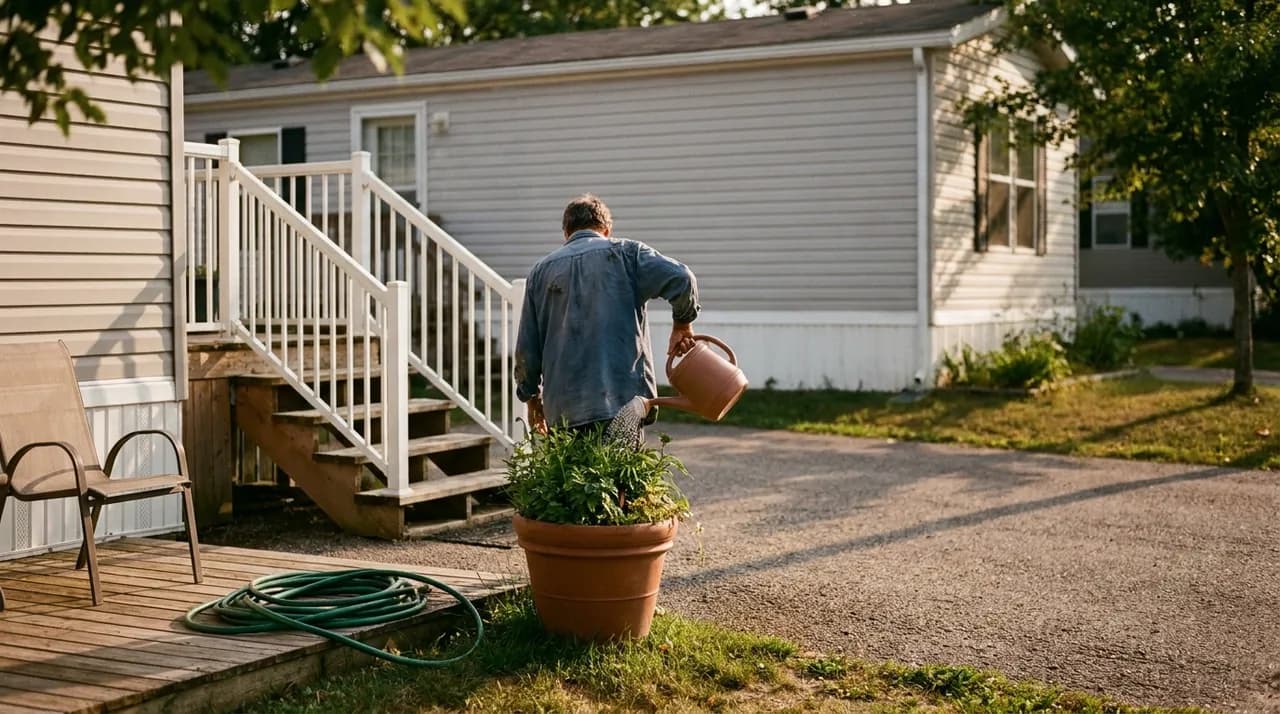 Homeowner standing outside a manufactured home in a New Jersey community